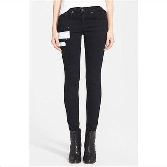 RAG & BONE Women’s Mid Rise Skinny Jean in Coal Block Black with Paint Stripes - Picture 1 of 8